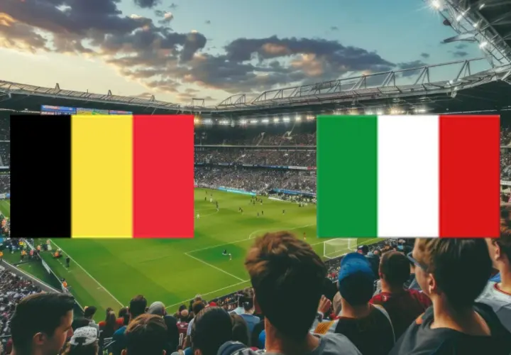 Stadion pełen kibiców, na murawie mecz, a nad nimi flagi **Belgia – Włochy**.