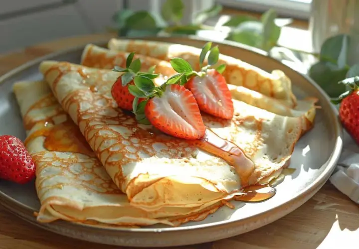Délicieuses crêpes dorées, garnies de fraises fraîches et de sirop. Une recette crêpe 2 œufs parfaite pour le petit-déjeuner ou le goûter.