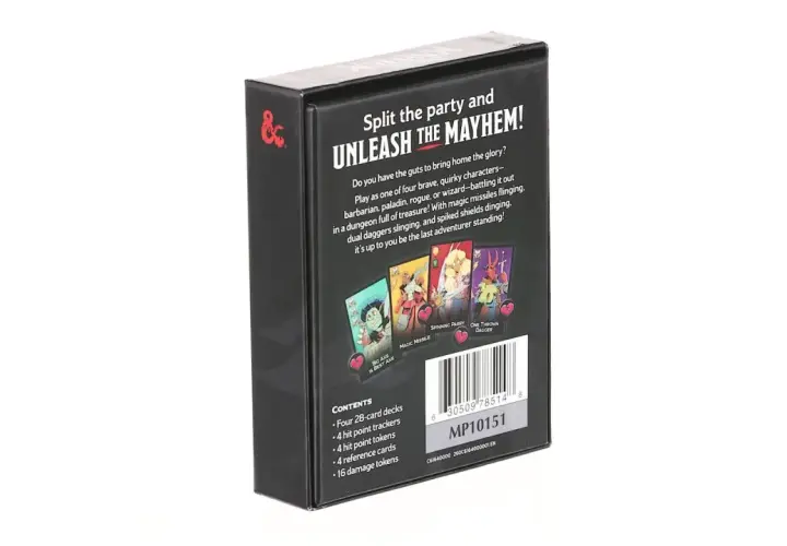 Pudełko gry karcianej D&D z hasłem "Unleash the Mayhem!". Zawiera cztery talie, liczniki punktów życia i obrażeń, karty referencyjne. Idealne na dungeon mayhem!