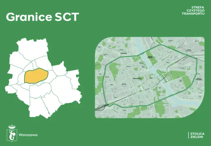 Mapa Warszawy z zaznaczonym obszarem kraków strefa czystego transportu. Obok szczegółowy plan miasta z wyznaczoną SCT.