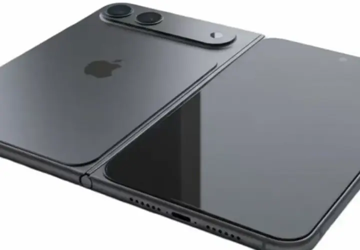 Koncepcja składanego iPhone'a z podwójnym aparatem i logo Apple.