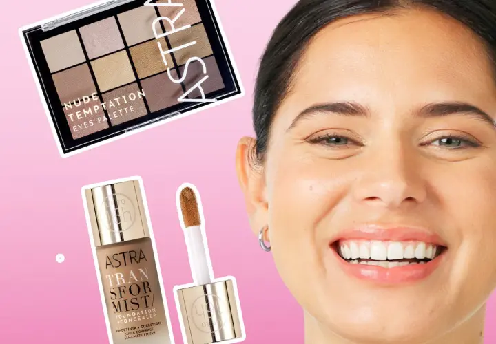 Palette occhi nude e fondotinta correttore Astra per un trucco occhi impeccabile.