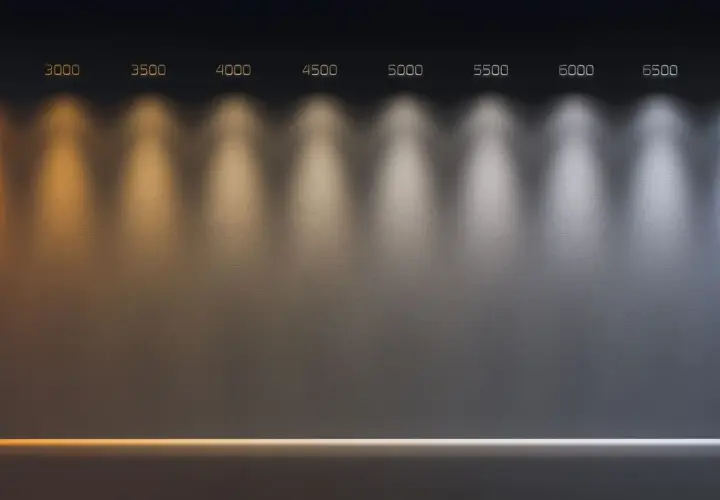 Muestra la progresión de la temperatura de color de las luces, desde un cálido naranja hasta un frío azulado, con números indicando cada nivel.