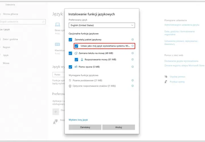 Instalowanie pakietów językowych Windows 7. Zaznaczono opcję "Ustaw jako mój język wyświetlania systemu".