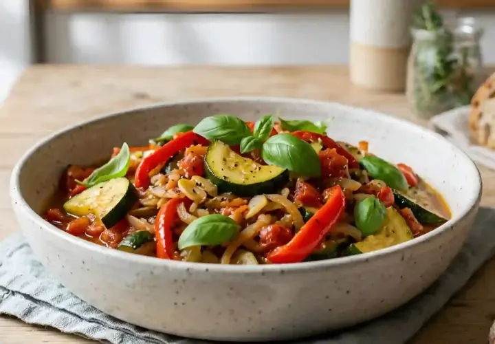 Poêlée de poivrons à l'italienne, un plat coloré de courgettes, poivrons rouges, tomates et basilic frais, servi dans un bol rustique.
