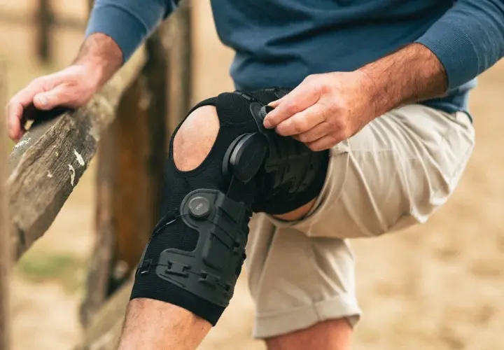 Mann legt eine DONJOY Schiene am Knie an. Die Schiene stützt das Bein für mehr Stabilität.