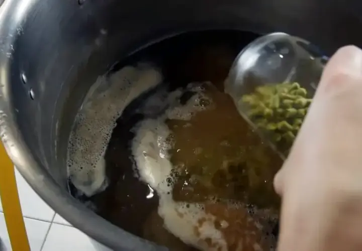 Ajout de houblon dans la cuve de brassage. Le houblon, essentiel pour l'amertume et les arômes de la bière, est versé dans le moût bouillant.
