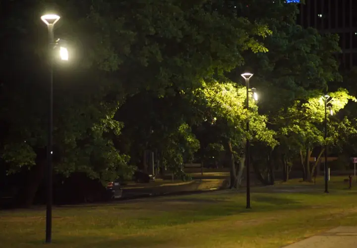 Nocny park rozświetlony przez nowe latarnie. Trwa budowa oświetlenia ulicznego, tworząc bezpieczną przestrzeń.