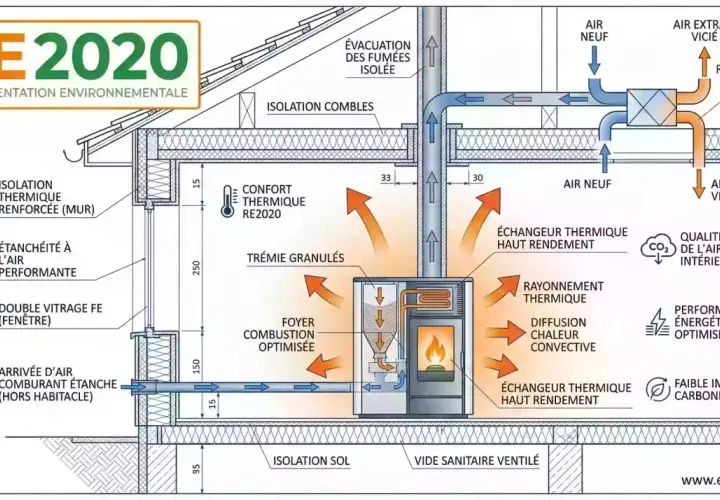 Schéma illustrant la **réglementation poêle à bois** RE2020 : isolation renforcée, étanchéité, VMC double flux avec récupération d'énergie pour un confort thermique optimal.