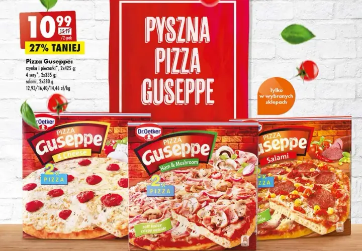 Pyszna pizza Guseppe od Dr. Oetkera: 4 sery, szynka i pieczarki, salami. Idealna na szybki obiad.