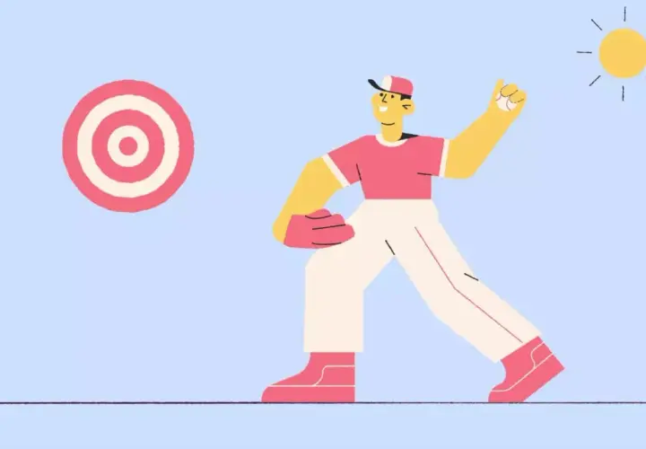 Gracz w baseball celuje w tarczę, symbolizując drogę do tego, jak odnaleźć sens życia. Słońce świeci, dodając nadziei.