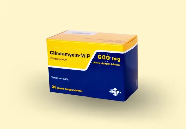 Opakowanie leku Clindamycin-MIP 600 mg, zawierające 32 tabletki powlekane.