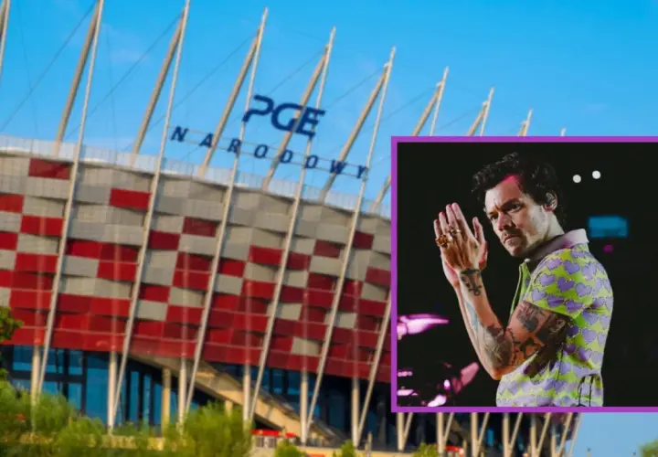 Harry Styles koncert na PGE Narodowym. Artysta w kolorowej koszuli, z dłońmi złożonymi w geście.