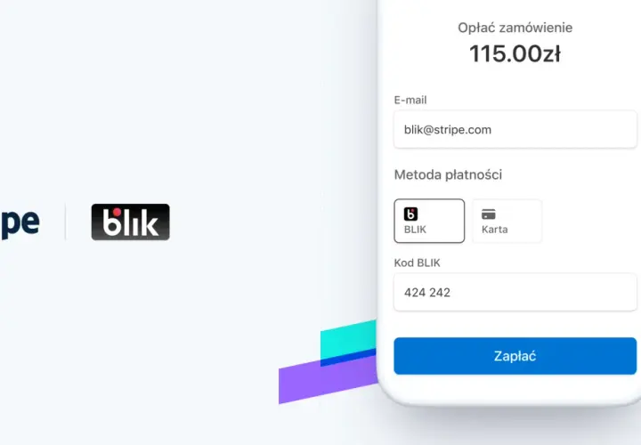 Stripe i Blik integrują się, ułatwiając płatności. Na ekranie widać formularz z kwotą 115 zł, polem na e-mail i wyborem metody płatności Blik.