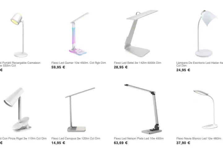 Variedad de flexos LED: uno blanco portátil, otro gamer RGB, un flexo verde metalizado Betel, lámpara Hadar, flexo con pinza Rigel, Canopus, Nelson Plata y Navia.