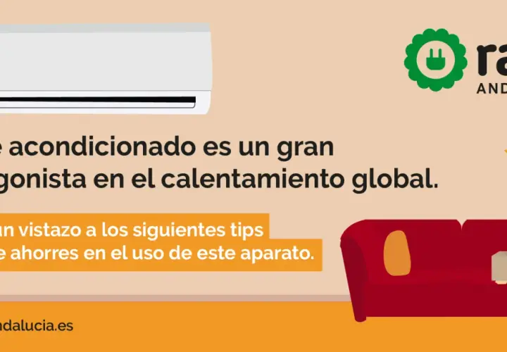 Un aire acondicionado blanco, un chico con un sofá y el logo de RAEE Andalucía. Aprende cómo evitar que tu aire acondicionado consuma más.