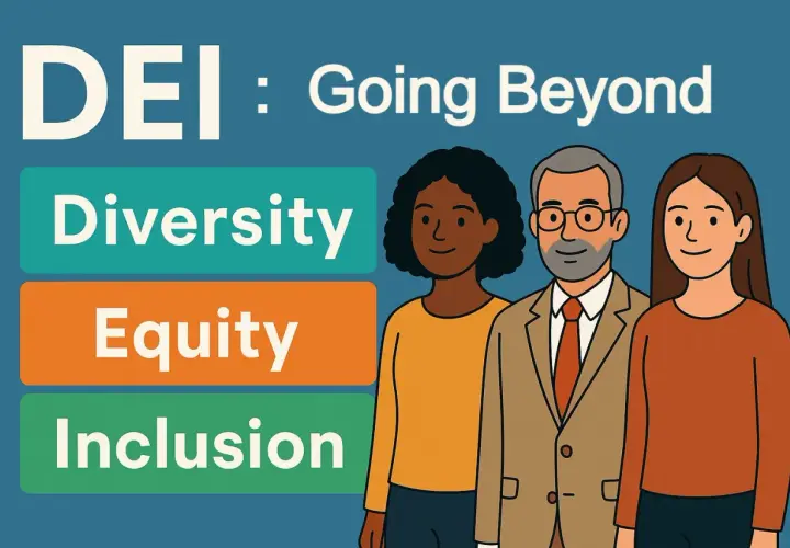 DEI: Going Beyond Diversity, Equity, and Inclusion in business. Three diverse people stand together, representing a commitment to a fair and inclusive workplace.