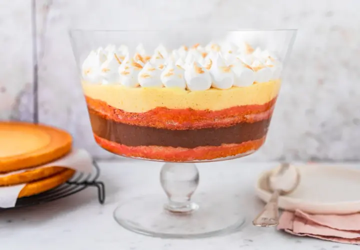 Deliziosa zuppa inglese ricetta in coppa, con strati di pan di Spagna, crema pasticcera, cioccolato e meringhe.
