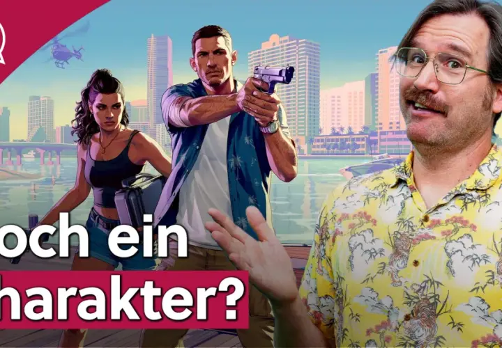 Der trailer gta 6 zeigt Charaktere vor einer Stadtkulisse. Ein Mann mit Waffe, eine Frau mit Koffer und ein Mann mit Hawaiihemd.