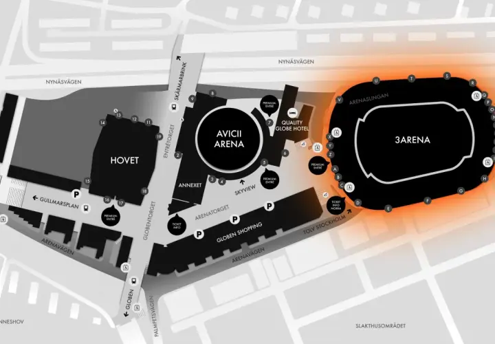 Karta över Tele2 Arena och närliggande områden. Visar entréer, hotell och shopping inför en konsert.