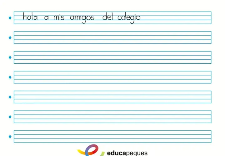 Hoja de práctica para mejorar caligrafía niños. Líneas guía para escribir "hola a mis amigos del colegio".