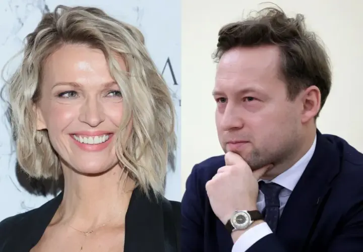 Uśmiechnięta Magda Mołek z mężem, który zamyślony opiera dłoń na brodzie.