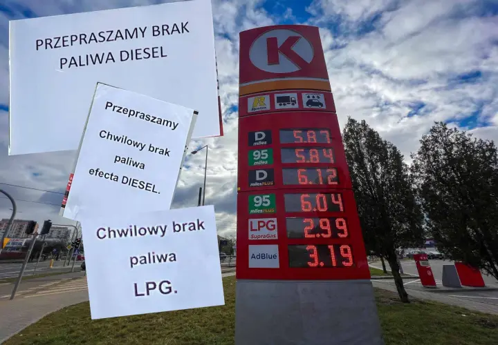 Na stacji paliw Circle K widać cennik z cenami paliw i tabliczki informujące o chwilowym braku paliwa. Czy ropa się pali? Nie, po prostu jej brakuje.