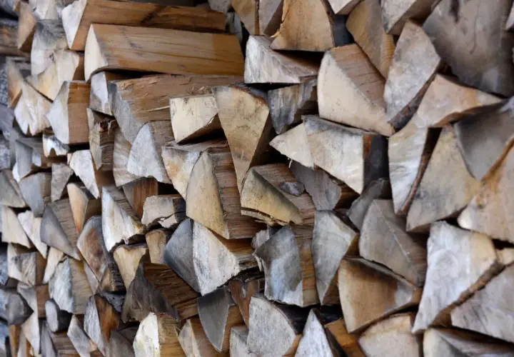 Stos drewna, gotowy do rozpalenia w kominku. Widać wyraźnie słoje i naturalny kolor drewna akacjowego, które pięknie się pali.