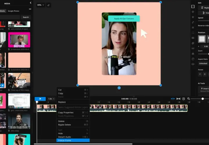 Animacja poklatkowa z kobietą, która klika "Apply AI Eye Contact". Widać panel edycji wideo.