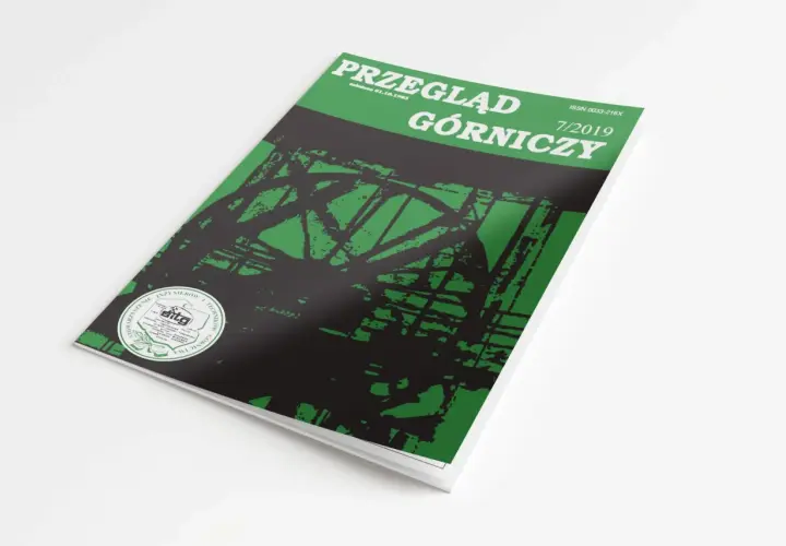 Okładka "Przeglądu Górniczego" z 7/2019, prezentująca abstrakcyjny wzór nawiązujący do rodzajów maszyn górniczych i ich pracy.