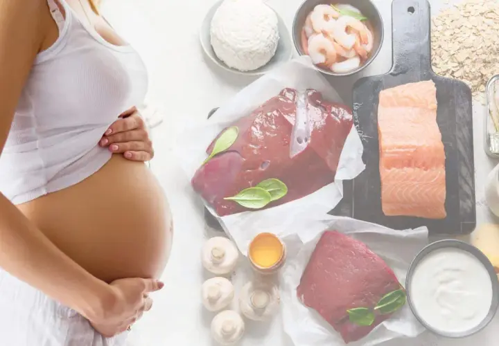 Schwanger mit Fokus auf Ernährung: Leber, Lachs, Garnelen, Milchprodukte und Eier gegen Vitamin B12 Mangel in der Schwangerschaft.