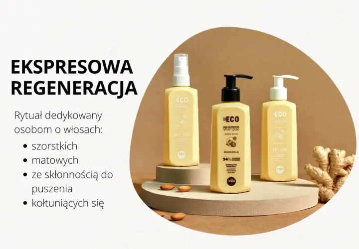 Linia kosmetyków BeEco z imbirem i migdałami, idealna do włosów szorstkich i matowych. Metoda omo dla ekspresowej regeneracji.