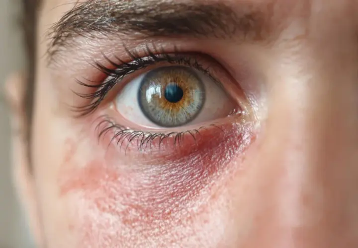 Œil humain avec paupière rouge et irritée, signe d'une allergie au mascara.