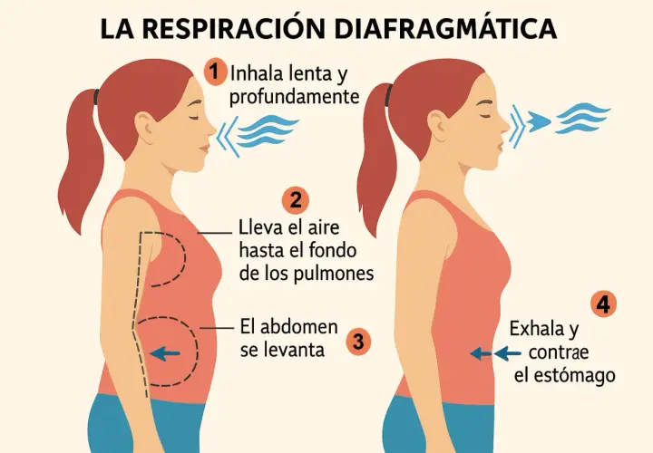 Ilustración de los pasos para una respiración consciente y diafragmática: inhalar profundo, llevar aire a los pulmones, abdomen se levanta, exhalar contrayendo estómago.