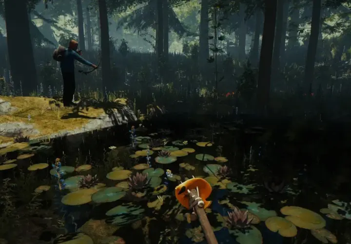 Postać z łukiem w lesie, gotowa do polowania. Klimat jak w najlepszych grach survival PC.