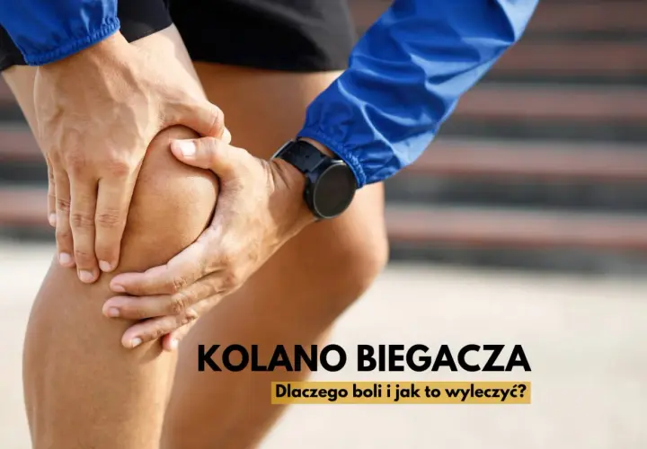 Biegacz trzyma się za bolące kolano. Tekst: "Kolano biegacza: Dlaczego boli i jak to wyleczyć?". Ćwiczenia na kolano biegacza.