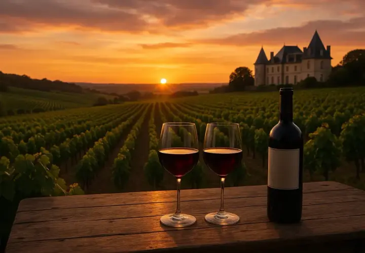Un coucher de soleil doré sur un domaine viticole de Bordeaux, avec deux verres de vin rouge et une bouteille sur une table en bois.