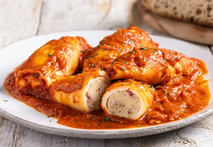 Calamari ripieni in padella, soffocati in un sugo rosso saporito, con un ripieno visibile e prelibato.