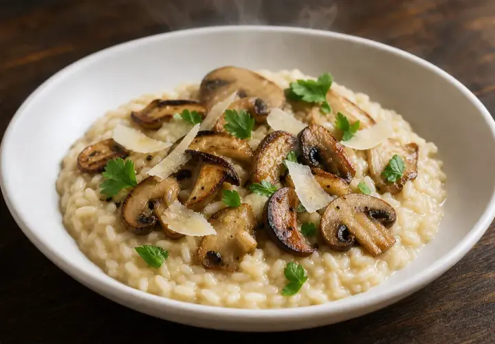 Un crémeux risotto champignon, garni de champignons poêlés, de copeaux de parmesan et de persil frais. Vapeur s'échappe.
