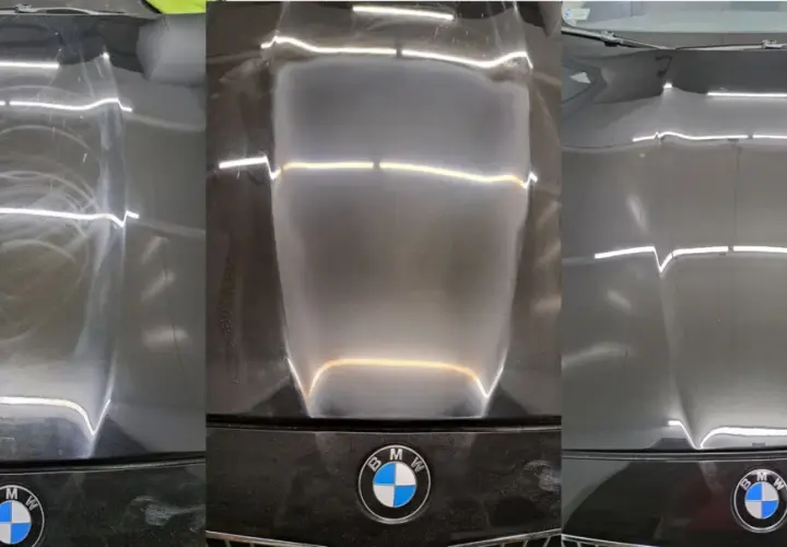 Porównanie maski BMW: przed polerowaniem widać rysy, po - idealny połysk. Dowiedz się, ile kosztuje polerowanie auta u lakiernika.