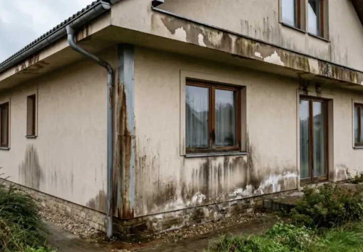 Brudna elewacja domu z zaciekami i odpadającą farbą. Widać rynny i okna. Potrzebna renowacja, być może z użyciem żywicy elewacyjnej.