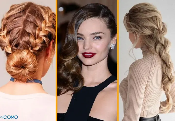 Peinados fáciles pelo largo: moño trenzado, ondas glamurosas y trenza de espiga.