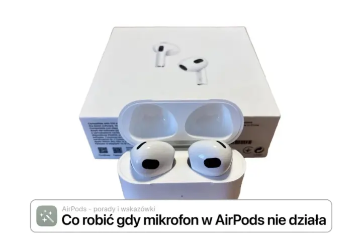 AirPods w etui, obok pudełka. Dowiedz się, jak połączyć AirPods z Windowsem, gdy mikrofon nie działa.