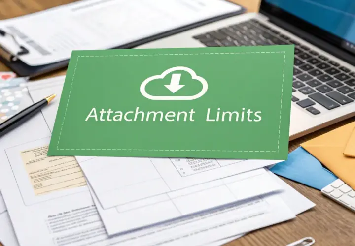 Tarjeta verde con "Attachment Limits" y nube con flecha. Pregunta: ¿cuantos megas se pueden enviar por Outlook?