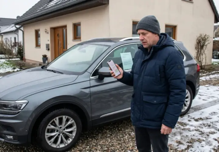 Mann mit Handy vor Auto, informiert sich über sein Widerrufsrecht beim Online-Kauf.