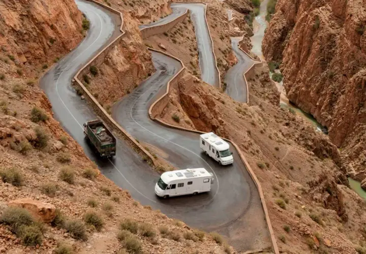 Deux camping-cars naviguent sur une route sinueuse à flanc de montagne au Maroc, traversant un paysage désertique spectaculaire.