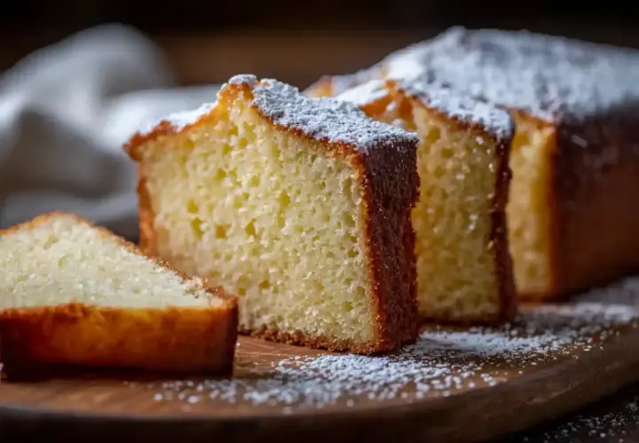Tranches d'un délicieux gâteau moelleux saupoudré de sucre glace sur une planche en bois.
