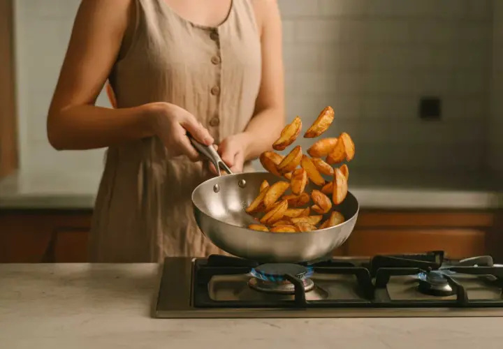 Une personne fait sauter des pommes de terre dans un poêle en inox sur le feu. Attention, le poêle en inox peut être dangereux s'il est mal utilisé.