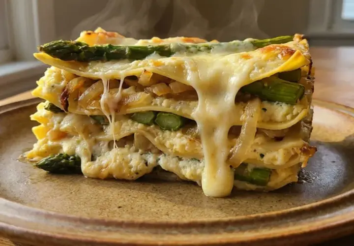 Pyszne, gorące warstwy lasagne z szparagami i ciągnącym się serem, podane na brązowym talerzu.