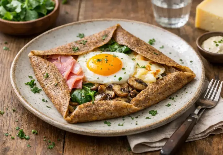 Une galette garnie d'un œuf au plat, de jambon, de champignons et d'épinards. Un délice de crêpes salées !